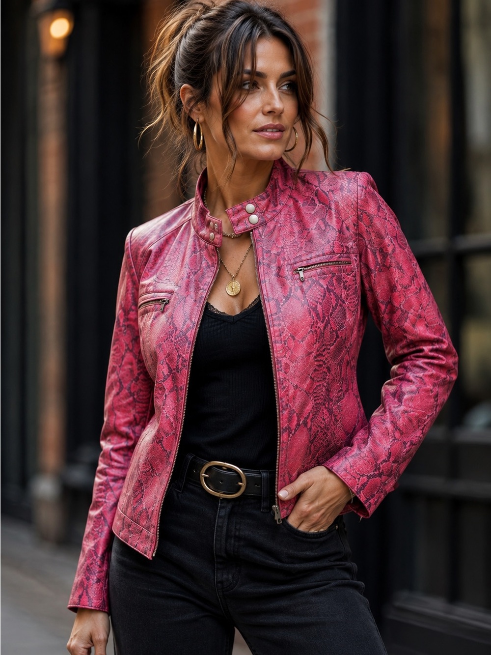 Alfani Pink Snakeskin Genuine Leather Moto Biker Jacket Large Y2K